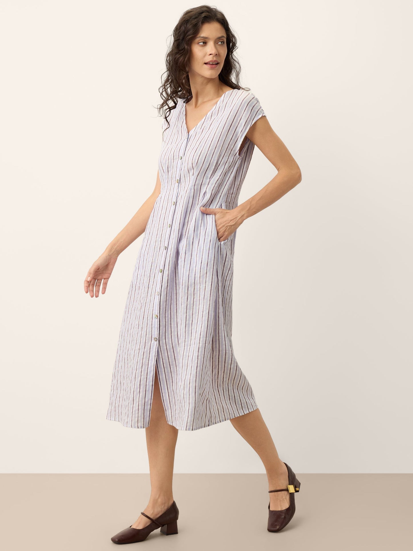 100% Linen Striped Tailored Cap Sleeve Maxi Dress AGNES