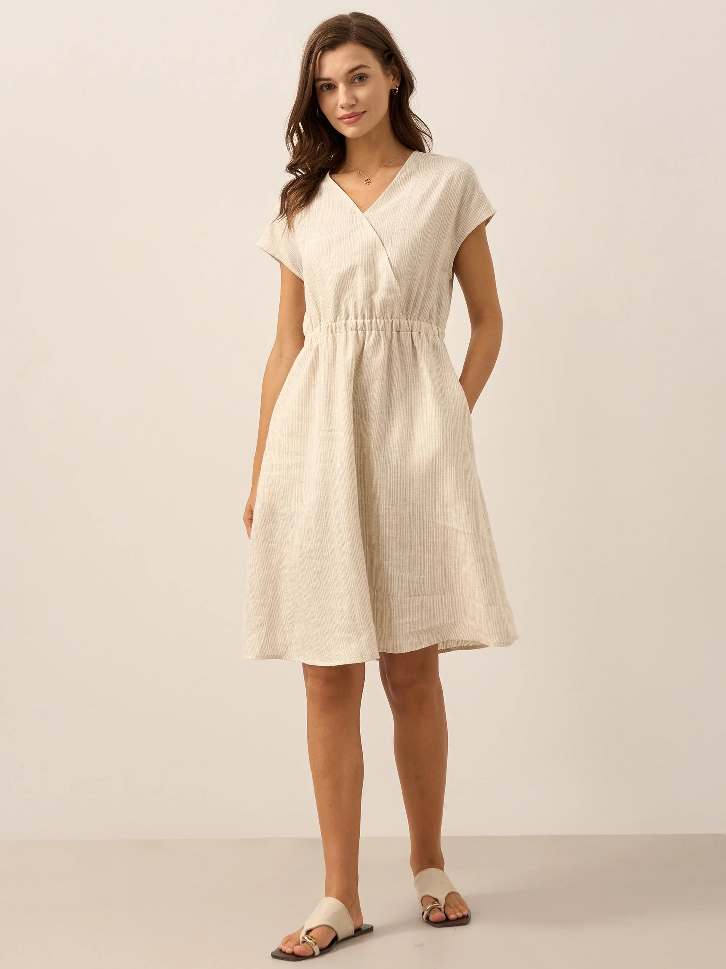 100% Linen Striped Elastic-Waist Midi Dress ARIA