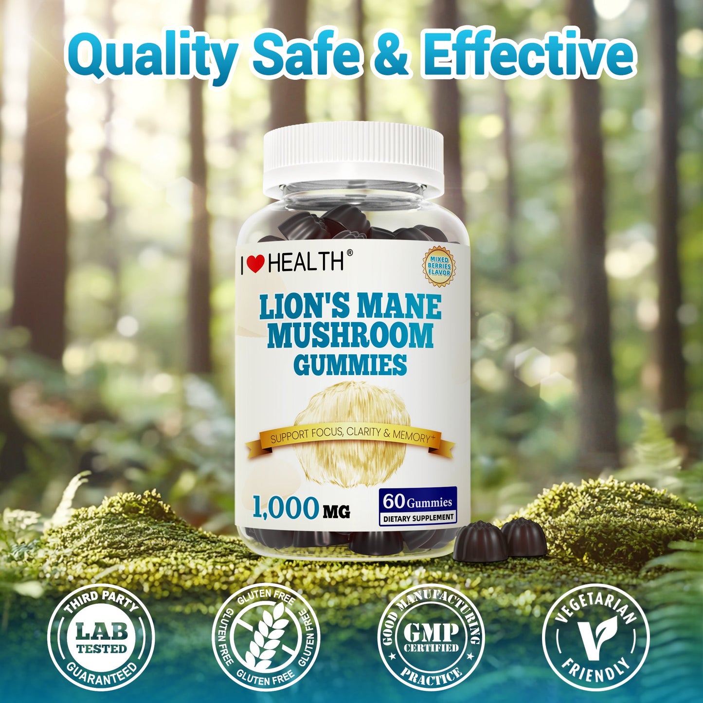 I Love Health Lion’s Mane Mushroom Extract 1000mg – 60 Gummies | Supports Cognitive Function & Mental Clarity | Natural Brain Health Supplement